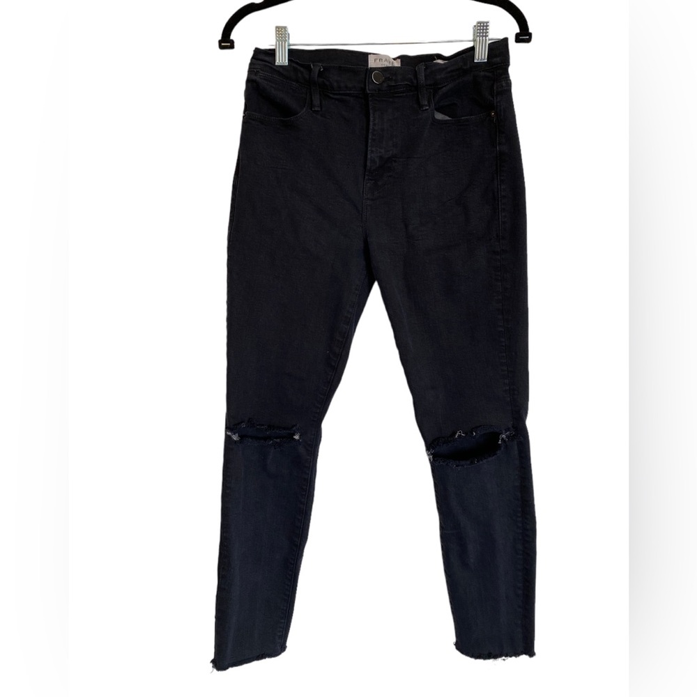 Frame Le High Skinny Frayed Knee Black Denim Jeans Pants Womens 28